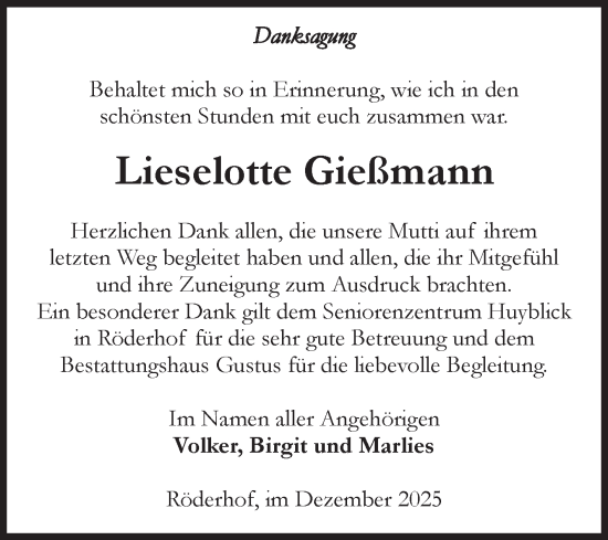 Traueranzeige von Lieselotte Gießmann von Volksstimme Halberstadt