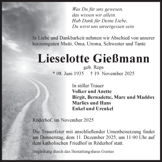 Traueranzeige von Lieselotte Gießmann von Volksstimme Halberstadt