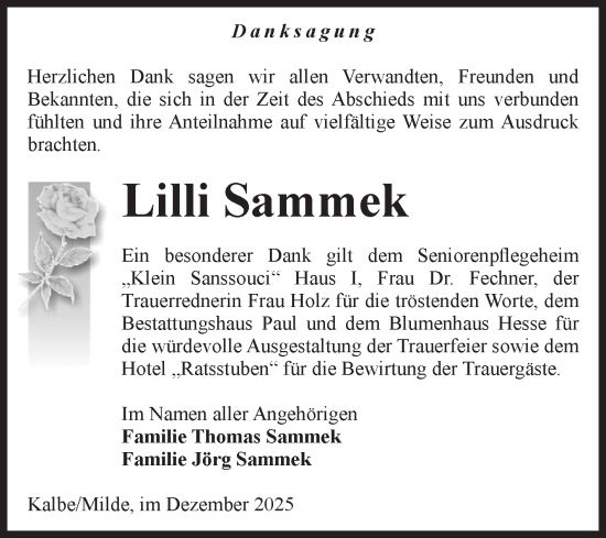 Traueranzeige von Lilli Sammek von Volksstimme Altmark West