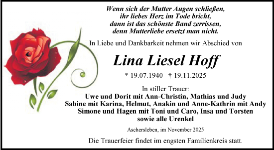 Traueranzeige von Lina Liesel Hoff von Trauerkombi Aschersleben