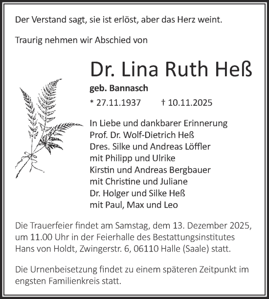 Traueranzeige von Lina Ruth Heß von Mitteldeutsche Zeitung Halle/Saalkreis
