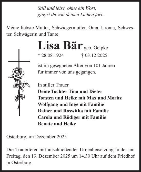 Traueranzeige von Lisa Bär von Volksstimme Altmark Ost