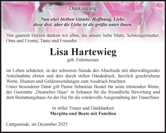 Traueranzeige von Lisa Hartewieg von Volksstimme Halberstadt