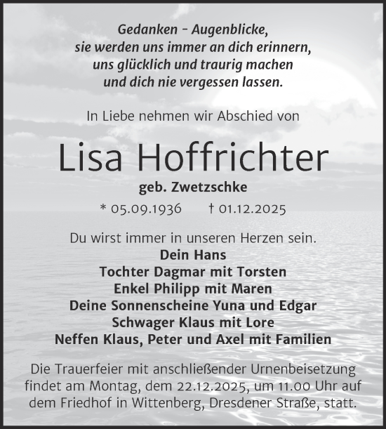Traueranzeige von Lisa Hoffrichter von Trauerkombi Wittenberg
