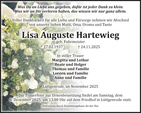Traueranzeige von Lisa Auguste Hartewieg von Volksstimme Halberstadt