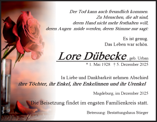 Traueranzeige von Lore Dübecke von Volksstimme Magdeburg