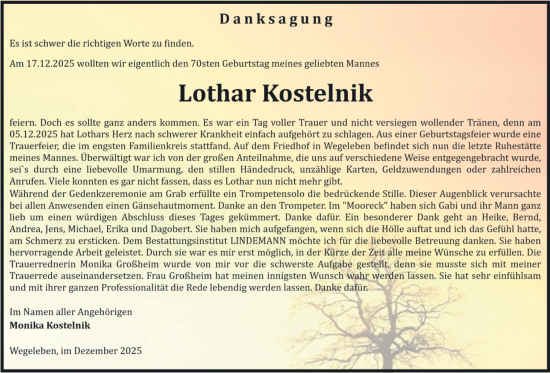 Traueranzeige von Lothar Kostelnik von Volksstimme Halberstadt