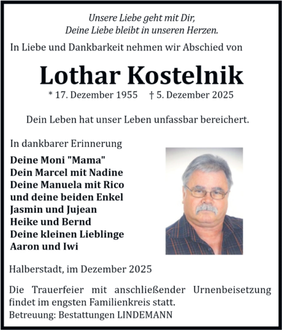 Traueranzeige von Lothar Kostelnik von Volksstimme Halberstadt
