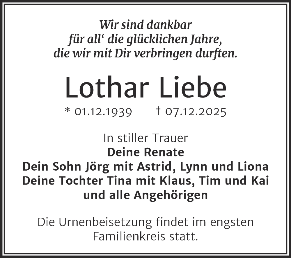  Traueranzeige für Lothar Liebe vom 13.12.2025 aus Trauerkombi Sangerhausen