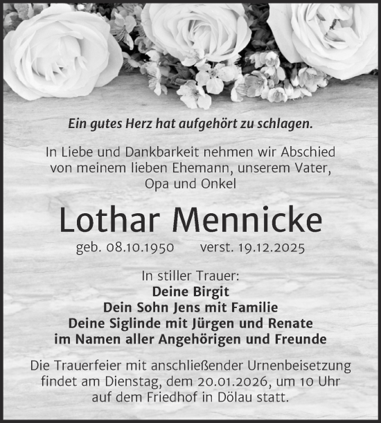 Traueranzeige von Lothar Mennicke von Mitteldeutsche Zeitung Halle/Saalkreis
