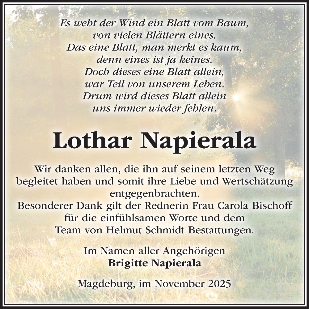  Traueranzeige für Lothar Napierala vom 29.11.2025 aus Volksstimme Magdeburg