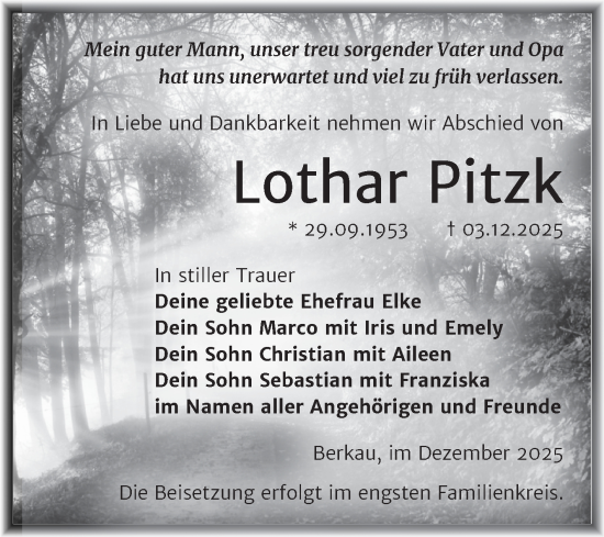 Traueranzeige von Lothar Pitzk von Trauerkombi Wittenberg