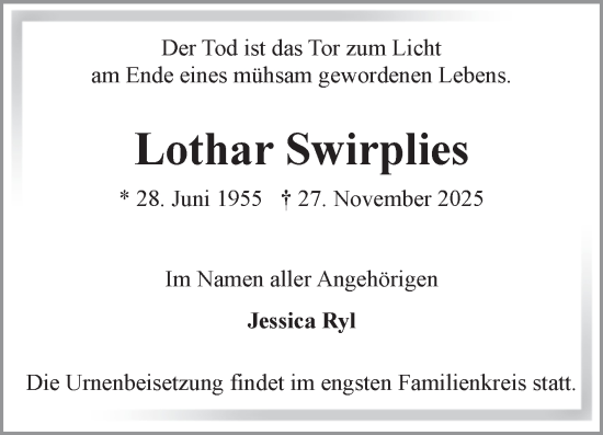 Traueranzeige von Lothar Swirplies von Volksstimme Burg/Genthin