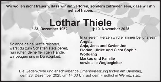 Traueranzeige von Lothar Thiele von Volksstimme Altmark West