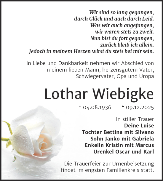 Traueranzeige von Lothar Wiebigke von Trauerkombi Weißenfels
