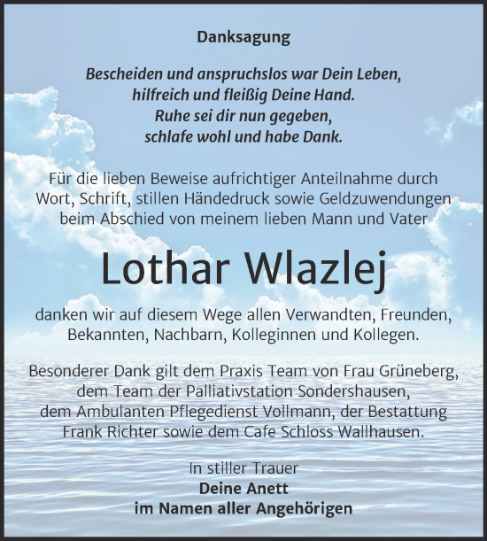 Traueranzeige von Lothar Wlazlej von Trauerkombi Sangerhausen