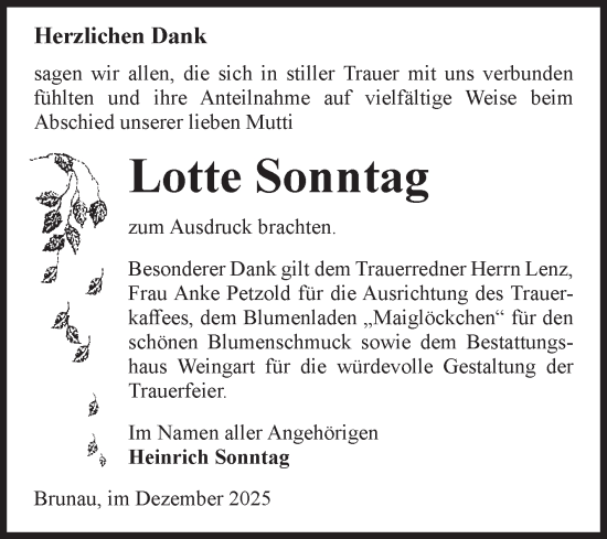 Traueranzeige von Lotte Sonntag von Volksstimme Altmark West