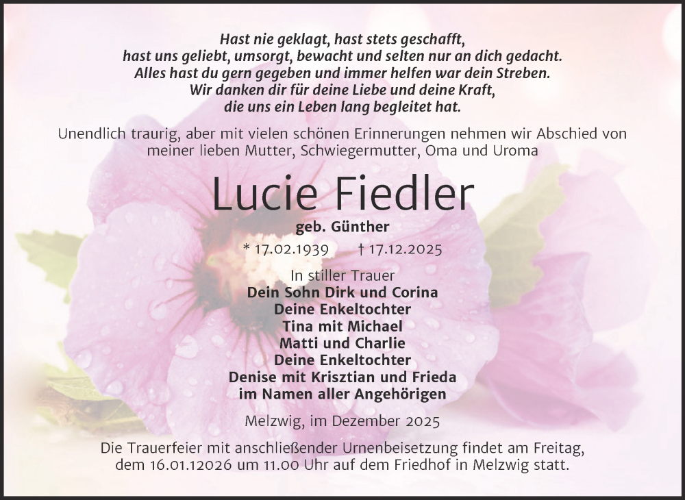  Traueranzeige für Lucie Fiedler vom 27.12.2025 aus Trauerkombi Wittenberg