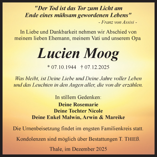Traueranzeige von Lucien Moog von Trauerkombi Quedlinburg