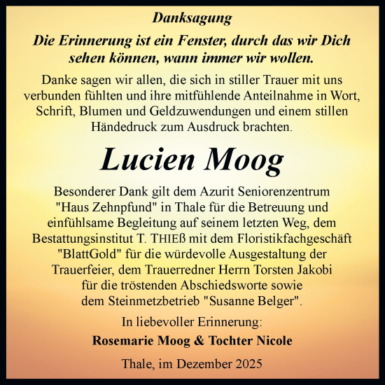 Traueranzeige von Lucien Moog von Trauerkombi Quedlinburg