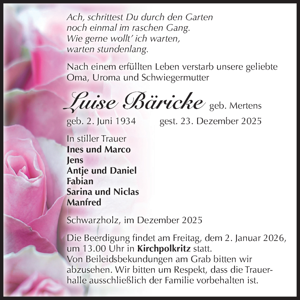  Traueranzeige für Luise Bäricke vom 31.12.2025 aus Volksstimme Altmark Ost
