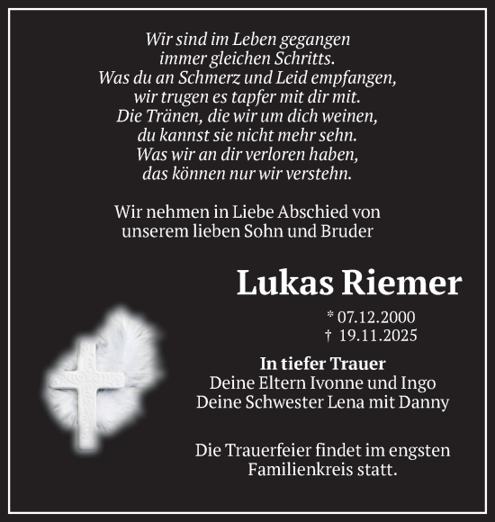 Traueranzeige von Lukas Riemer von Volksstimme Altmark Ost