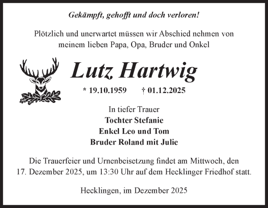Traueranzeige von Lutz Hartwig von Volksstimme Staßfurt
