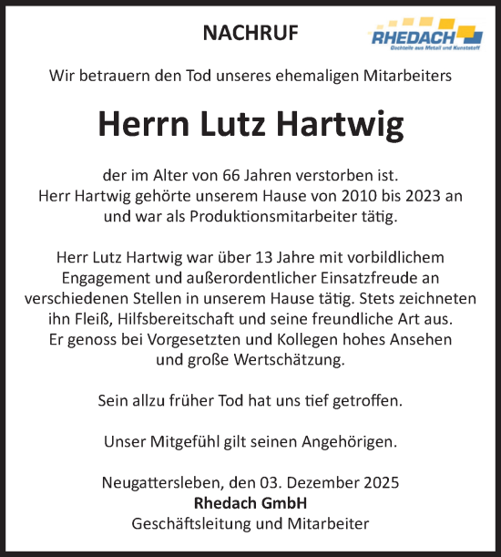 Traueranzeige von Lutz Hartwig von Volksstimme Staßfurt