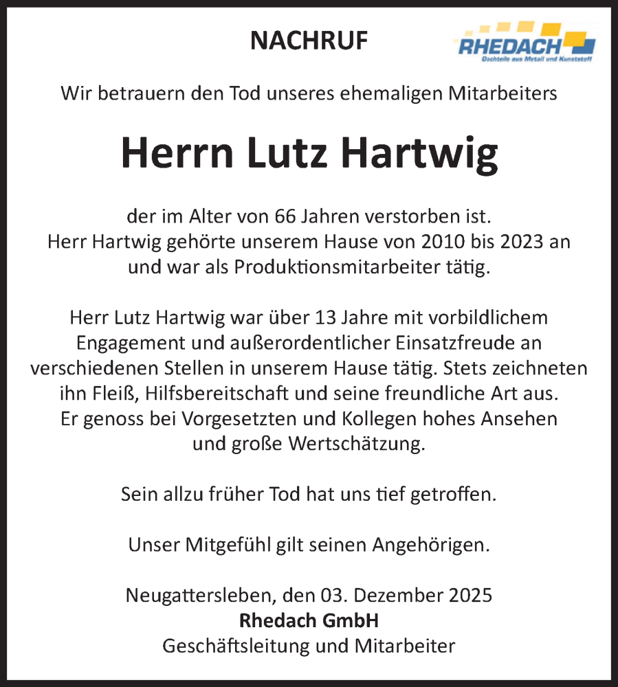  Traueranzeige für Lutz Hartwig vom 13.12.2025 aus Volksstimme Staßfurt