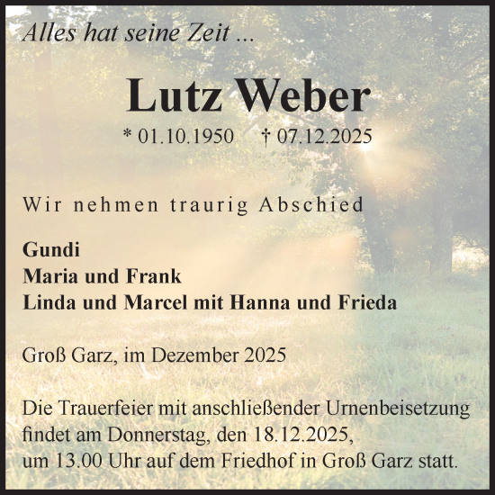 Traueranzeige von Lutz Weber von Volksstimme Altmark Ost