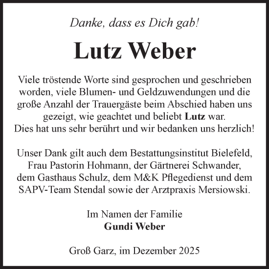 Traueranzeige von Lutz Weber von Volksstimme Altmark Ost