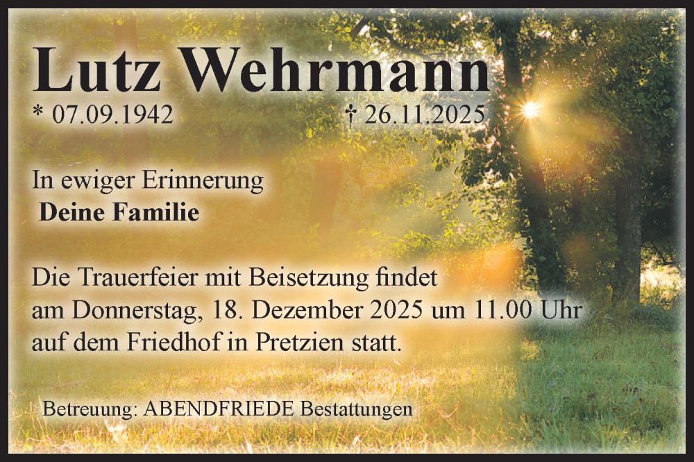  Traueranzeige für Lutz Wehrmann vom 06.12.2025 aus Volksstimme Schönebeck