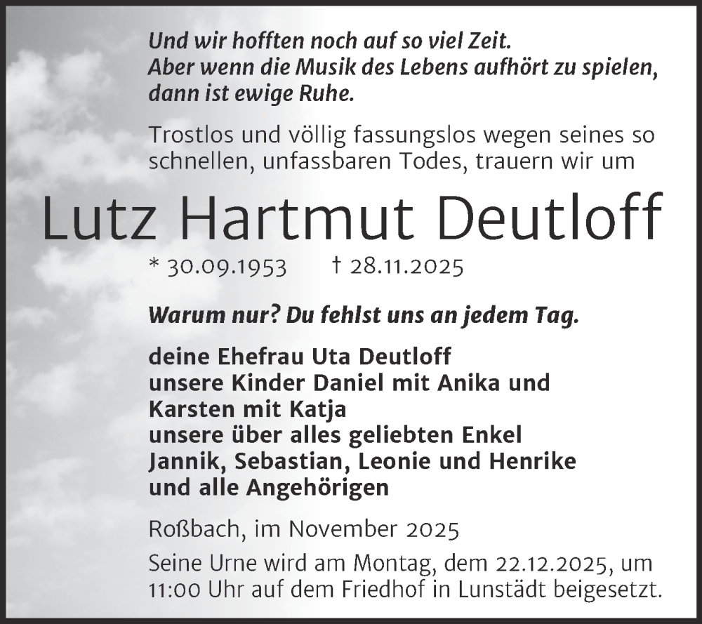  Traueranzeige für Lutz Hartmut Deutloff vom 06.12.2025 aus Trauerkombi Merseburg