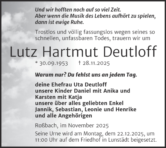 Traueranzeige von Lutz Hartmut Deutloff von Trauerkombi Merseburg