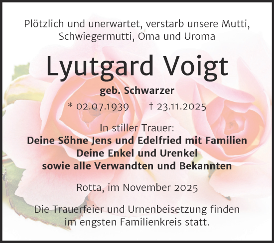 Traueranzeige von Lyutgard Voigt von Trauerkombi Wittenberg