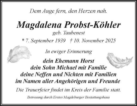 Traueranzeige von Magdalena Probst-Köhler von Volksstimme Magdeburg