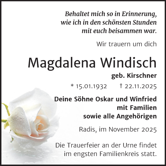 Traueranzeige von Magdalena Windisch von Trauerkombi Wittenberg