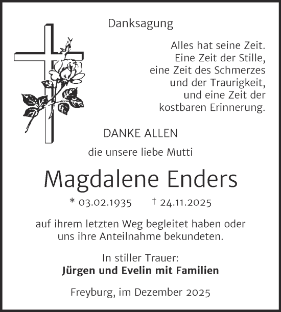 Traueranzeige von Magdalene Enders von Super Sonntag Naumburg/Nebra