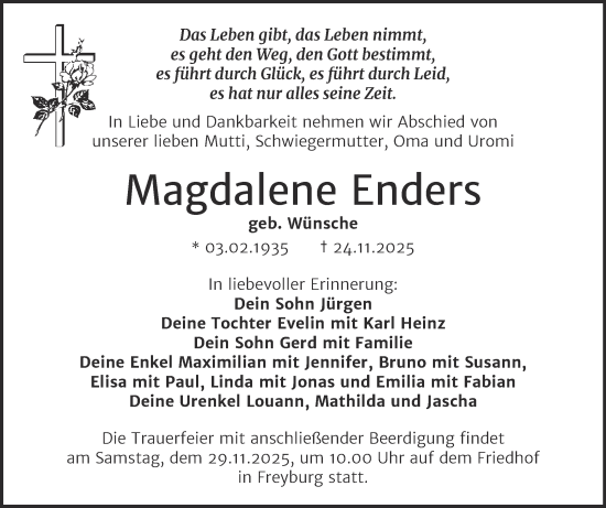 Traueranzeige von Magdalene Enders von Naumburger Tageblatt