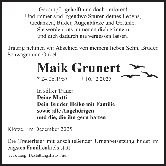 Traueranzeige von Maik Grunert von Volksstimme Altmark West