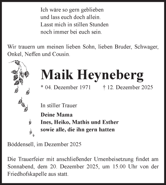 Traueranzeige von Maik Heyneberg von Volksstimme Haldensleben/Wolmirstedt