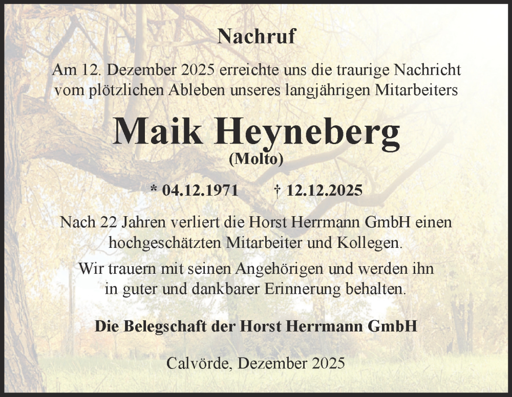  Traueranzeige für Maik Heyneberg vom 20.12.2025 aus Volksstimme Haldensleben/Wolmirstedt