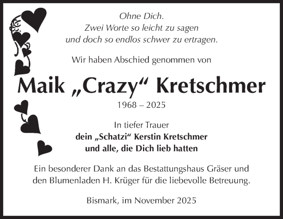 Traueranzeige von Maik Kretschmer von Volksstimme Altmark Ost