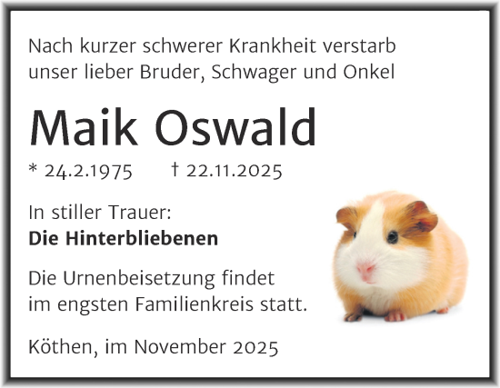 Traueranzeige von Maik Oswald von Trauerkombi Köthen