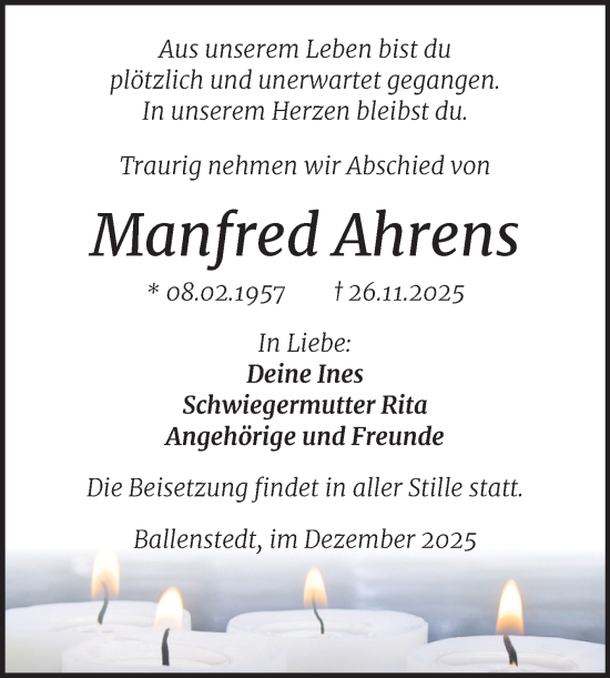 Traueranzeige von Manfred Ahrens von Trauerkombi Quedlinburg