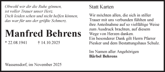 Traueranzeige von Manfred Behrens von Volksstimme Altmark West