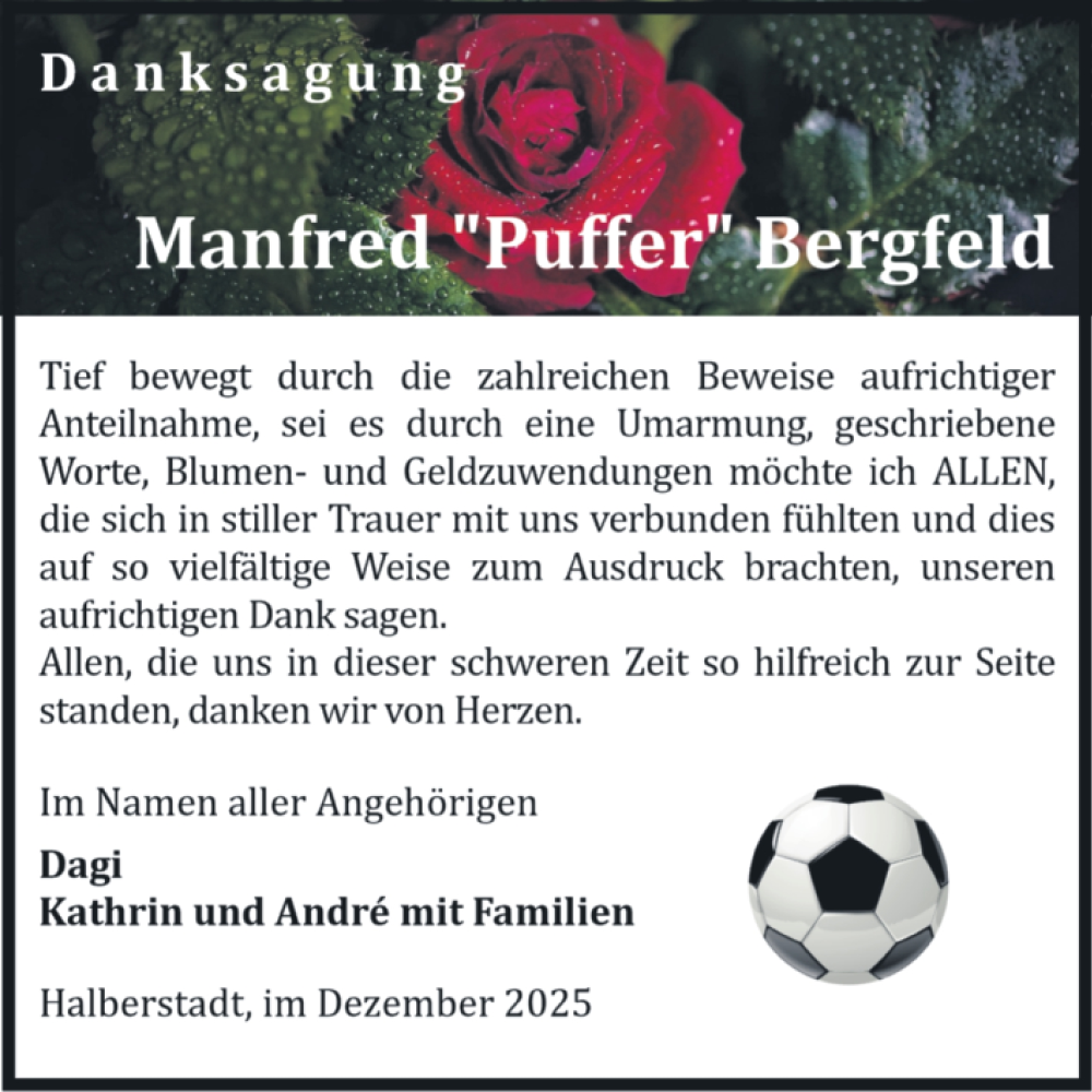  Traueranzeige für Manfred Bergfeld vom 13.12.2025 aus Volksstimme Halberstadt