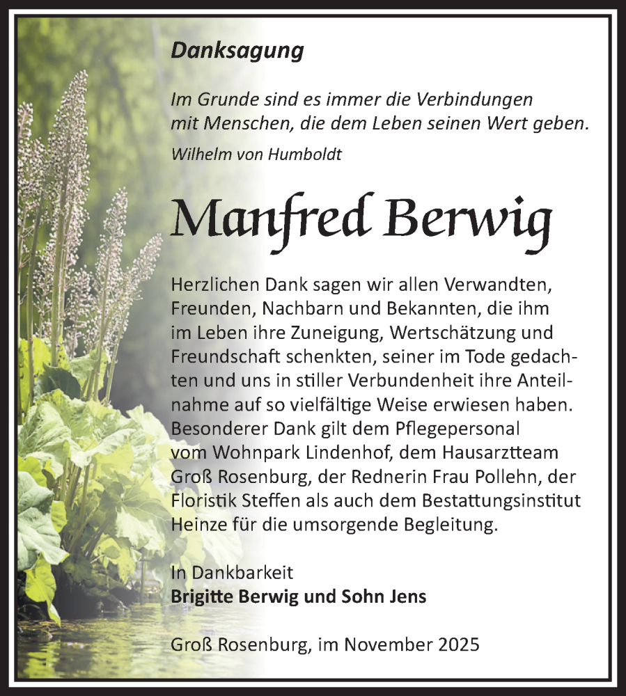  Traueranzeige für Manfred Berwig vom 06.12.2025 aus Volksstimme Schönebeck