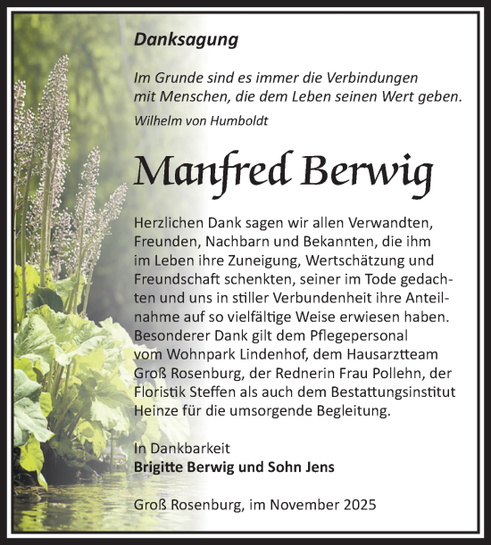 Traueranzeige von Manfred Berwig von Volksstimme Schönebeck