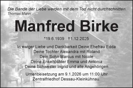 Traueranzeige von Manfred Birke von Trauerkombi Dessau